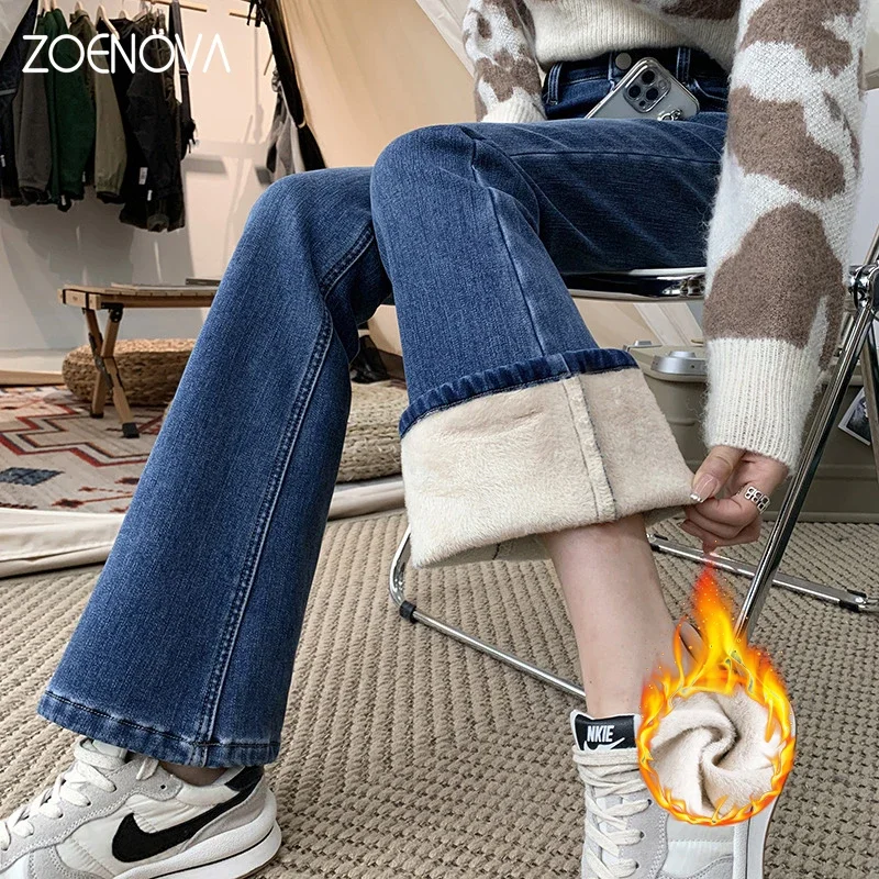 ZOENOVA 2023 フリース Wwarm フレアジーンズパンツ女性ヴィンテージデニムジーンズレディースセクシーな腹部ウエストファッションストレッチパンツ綿 100%