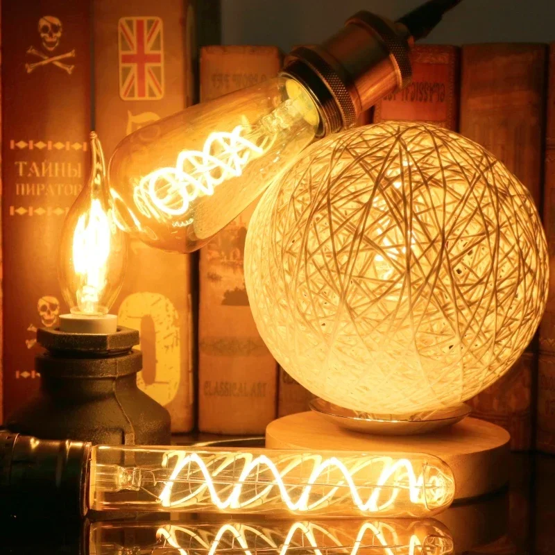 E14 E27 Retro LED Spiral Filament Light Bulb 4W Warm Yellow 220V C35 A60 T45 ST64 T185 T225 G80 G95 G125 Vintage Edison Lamp