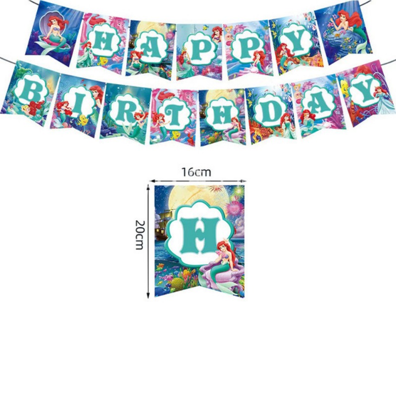 Disney Little Mermaid Theme Girl's Birthday Party Banner Paper Cup Balloon Table Cloth