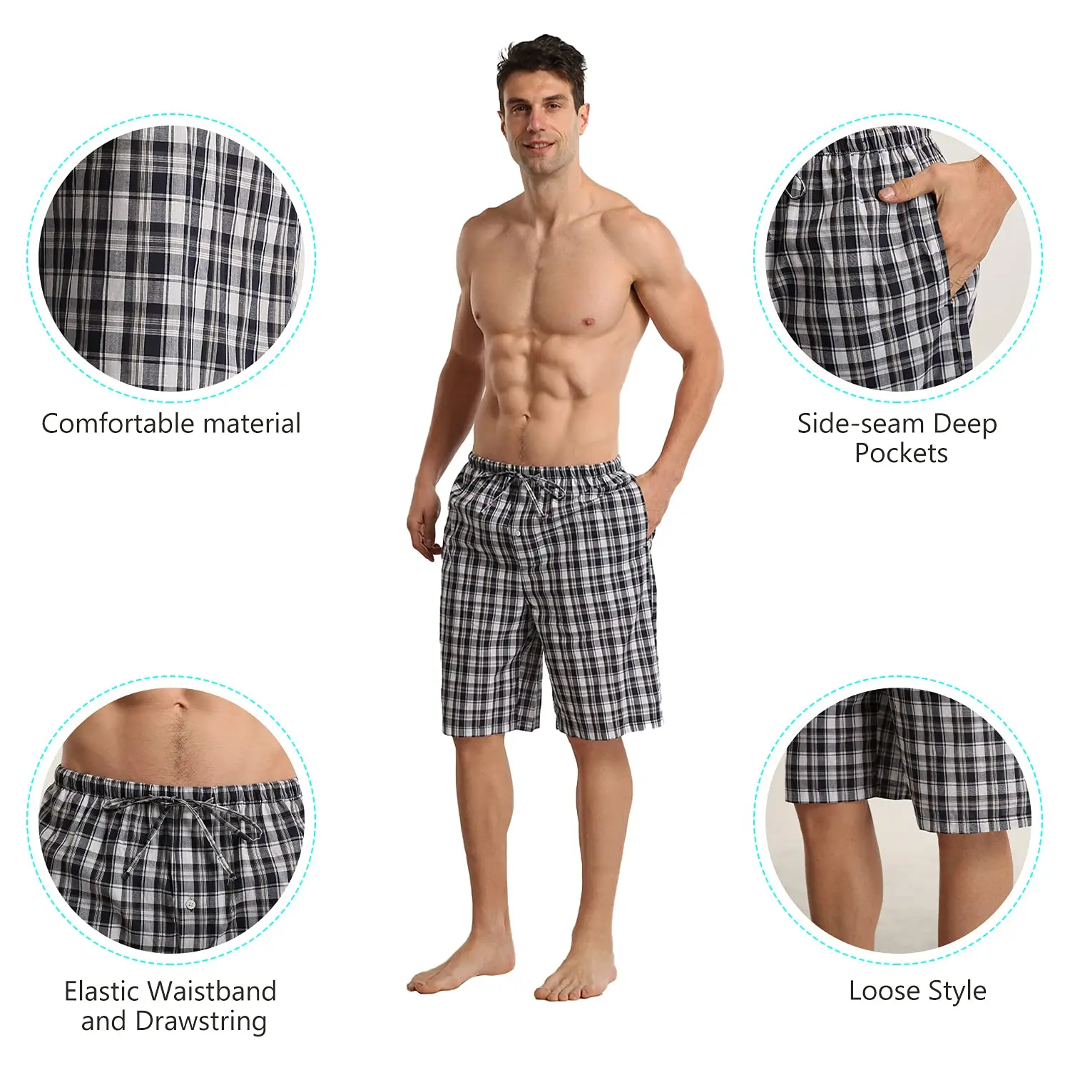 2 pacotes de shorts de pijama masculinos, pijama de verão para homens, shorts de dormir de algodão macio para homens, conjuntos curtos xadrez com bolsos e cordão