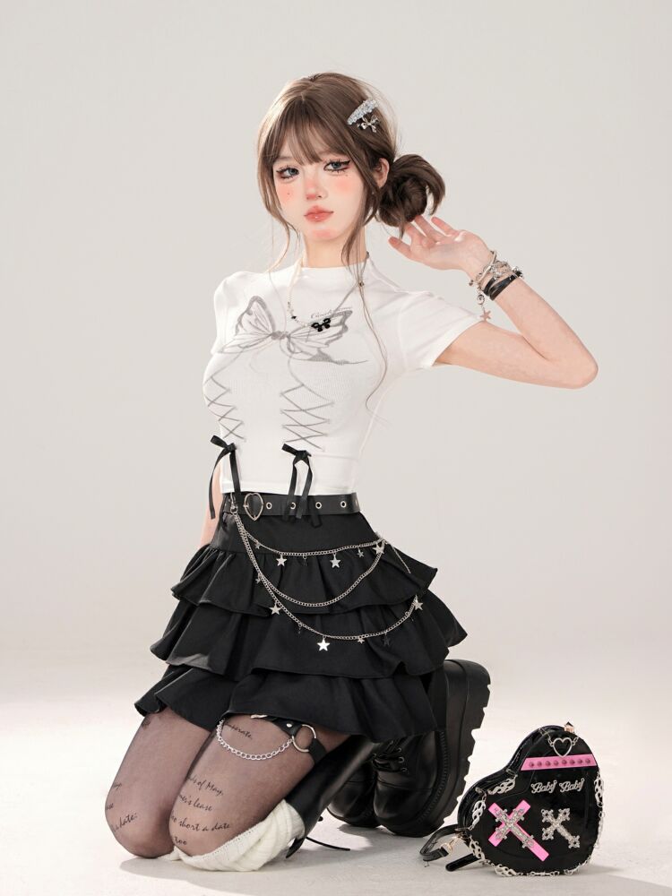 Vrouwen Zwart Gothic A-lijn Taart Rok Vintage Y2k Rok Esthetische Harajuku Koreaanse Elegante Kawaii Emo Rokken 2000s Trashy Kleding
