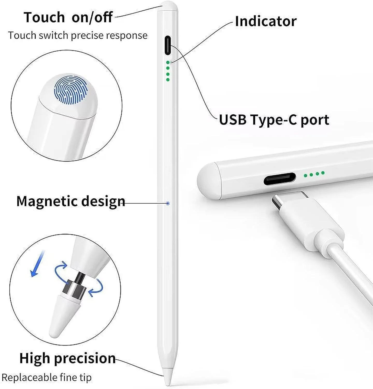 Caneta stylus universal, caneta stylus ativa compatível com telas sensíveis ao toque iOS e Android/telefones, caneta stylus recarregável com dupla para