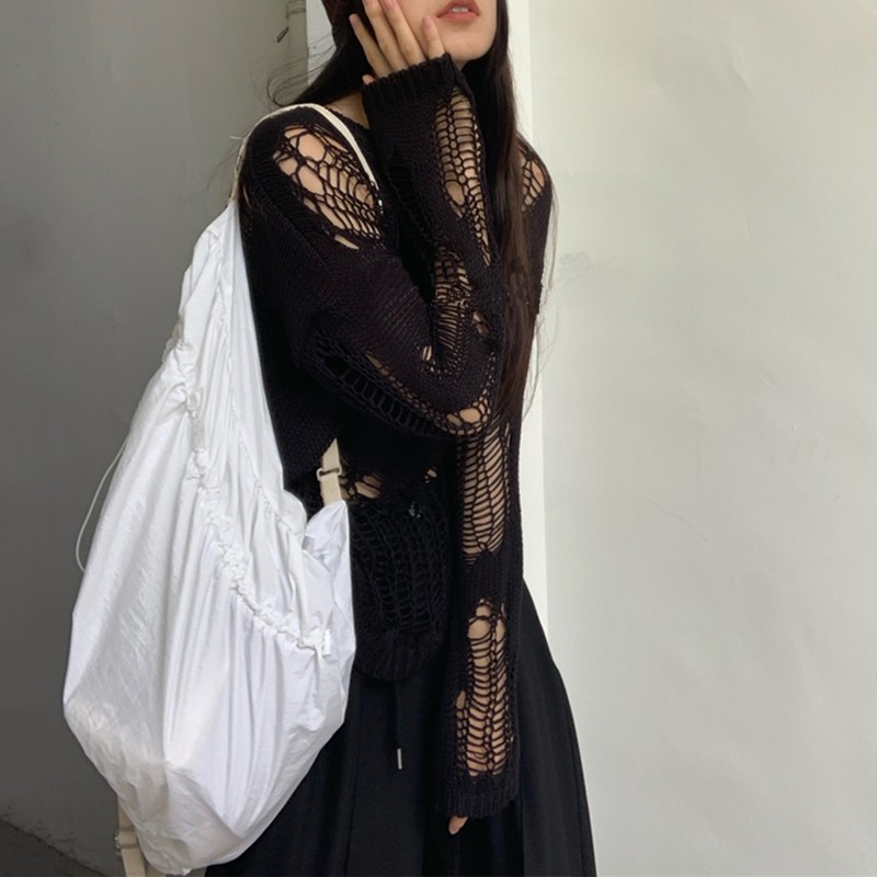 Karrram Gothic Aushöhlen Pullover Loch Sehen Durch Übergroßen Gestrickte Pullover Emo Streetwear Grunge Kleidung Y2k Tops Frühling