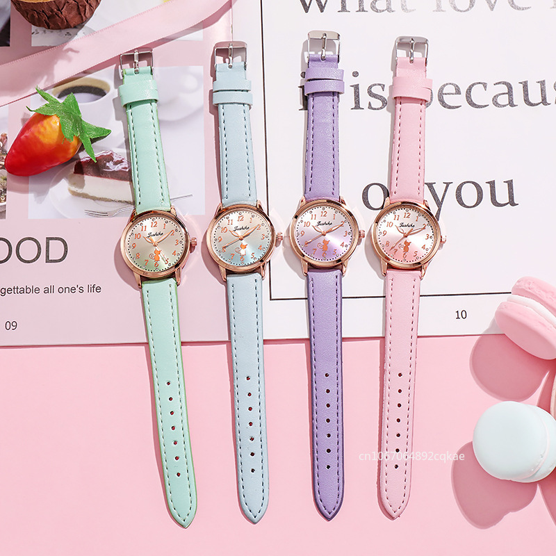 Lässige Kinder süße Katze Uhr einfache Strass Mädchen Armbanduhr Farbverlauf Farbe Leder Quarz Kinder uhr Geschenk Kinder uhren