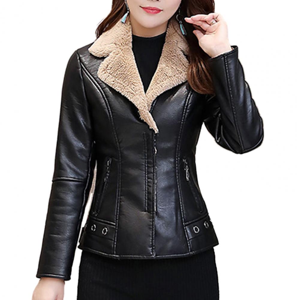 Chaqueta de mujer Chaqueta casual de piel sintética Elegante chaqueta de mujer de piel sintética con forro de felpa Cuello vuelto Cremallera para delgado