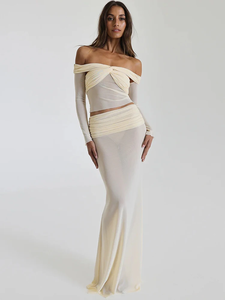 Mozision-Conjunto de dos piezas de falda a la moda para mujer, Tops cortos transparentes de manga larga con hombros descubiertos y falda larga, conjuntos sexys de dos piezas