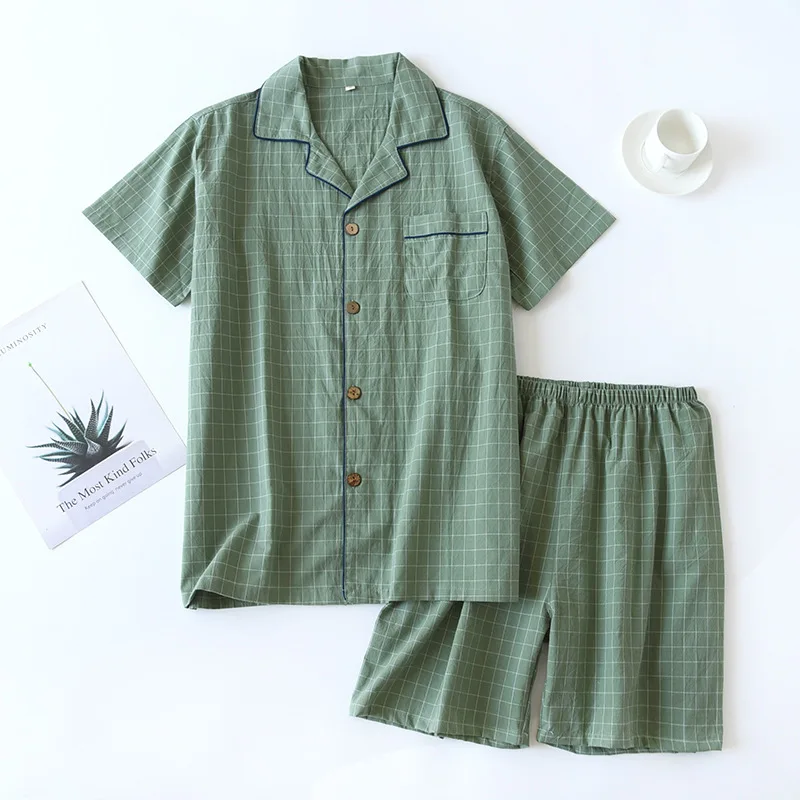 High Quality and Durable Men Cotton Pajama Set Single-Line Checkered Matching Loungewear Checkered Cardigan Shorts Sleepwear