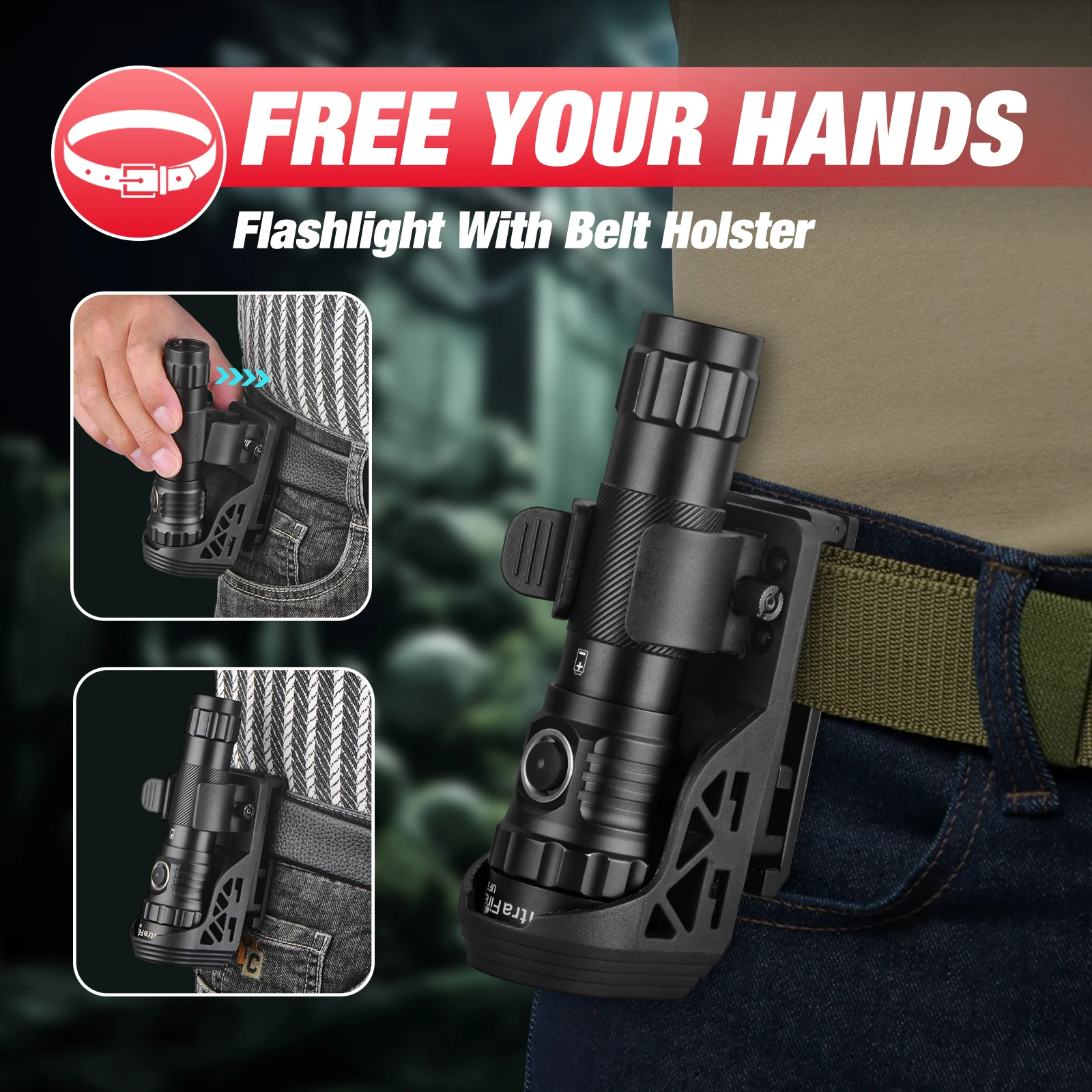 UltraFire UF3 Tactical Flashlight 3 Modes 1200LM Powerful Police Flashlight with Belt Holster 21700 USB C Rechargeable LED Lamp