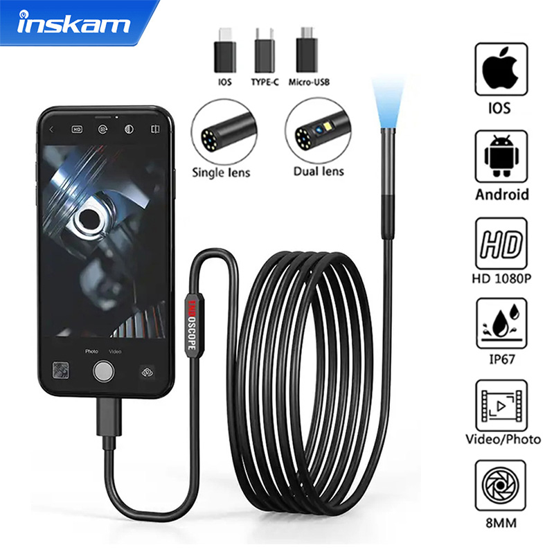Камера для осмотра эндоскопа INSKAM для IOS Micro USB/Type-C, мини-камера для осмотра для IOS iphone, водонепроницаемый трубопроводный бороскоп