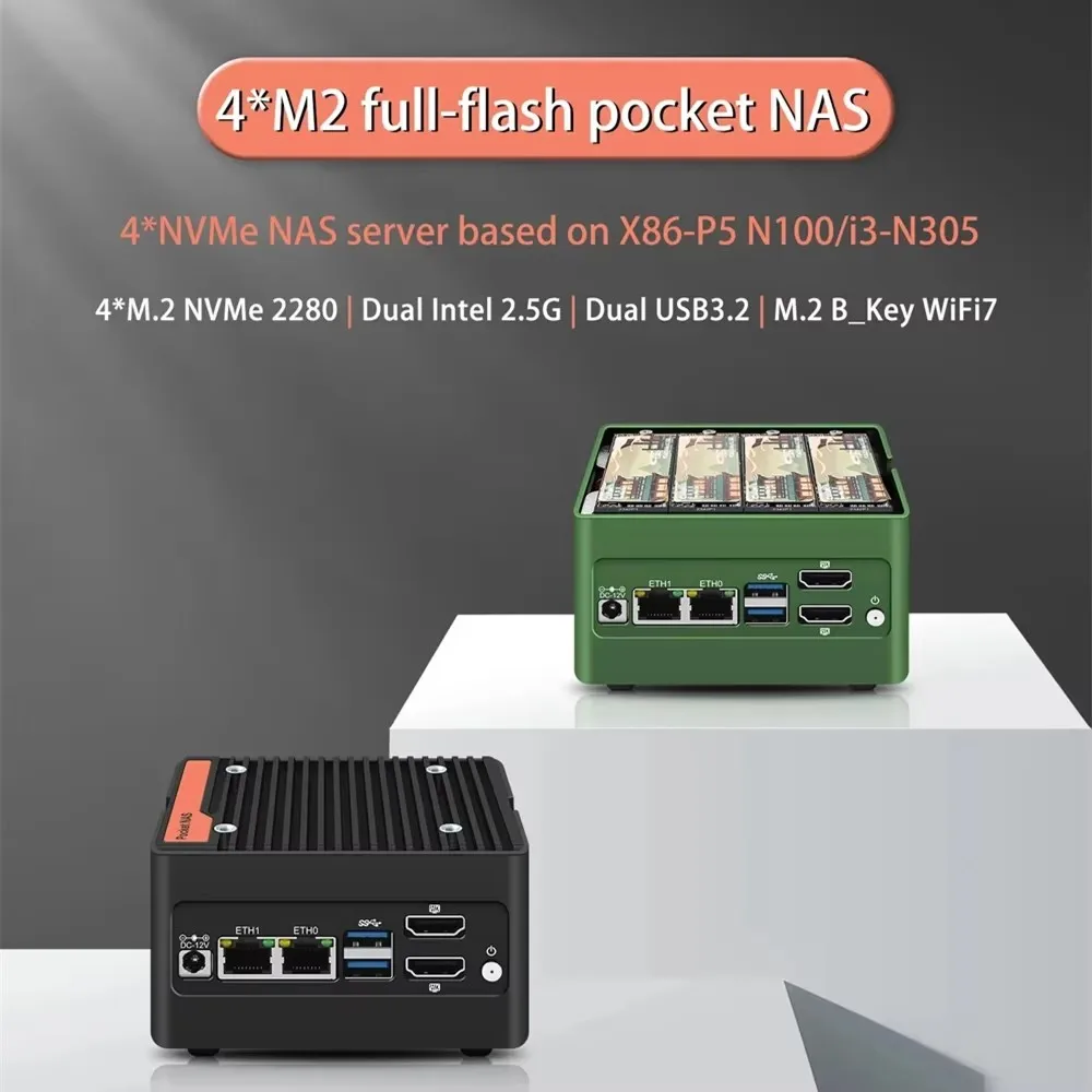New Pocket Slot Firewall Mini PC 4xM.2 NVMe  Intel 3 N355 N305 N150 N100 NAS Computer 2xi226-V 2.5G DDR5 4800 2xUSB3.2 2xHDMI2.0