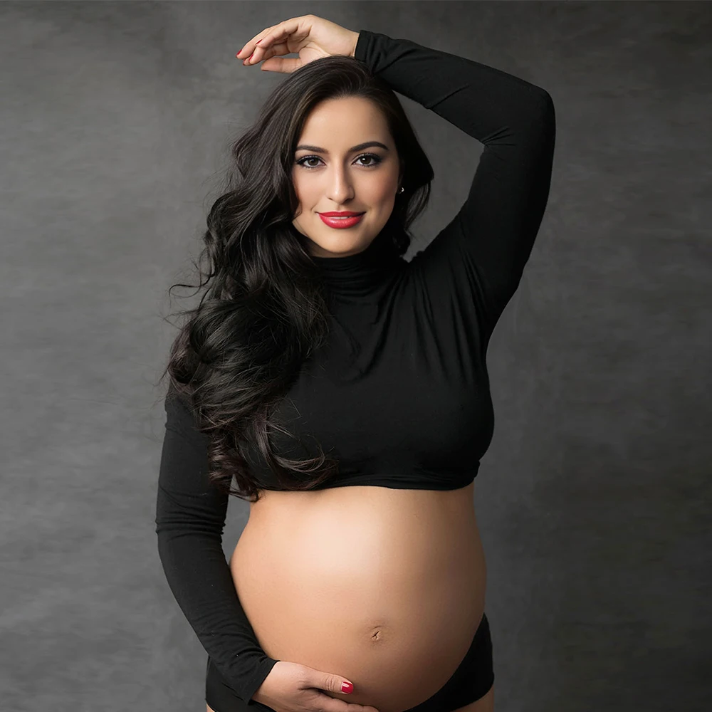 Maternity Long Sleeve T Shirts Womens Mock Neck Seamless Slim crop Tops For Pregnant photo shoot