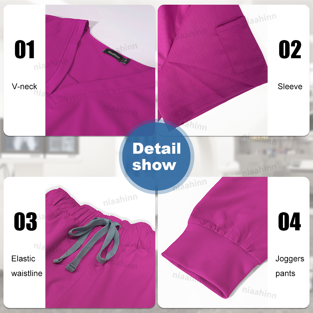 Niaahinn 스크럽 병원 유니폼 의료 탑 바지 간호사 유니폼 하이 패션 유니폼 간호 스크럽 세트 뜨거운 판매 수술 가운