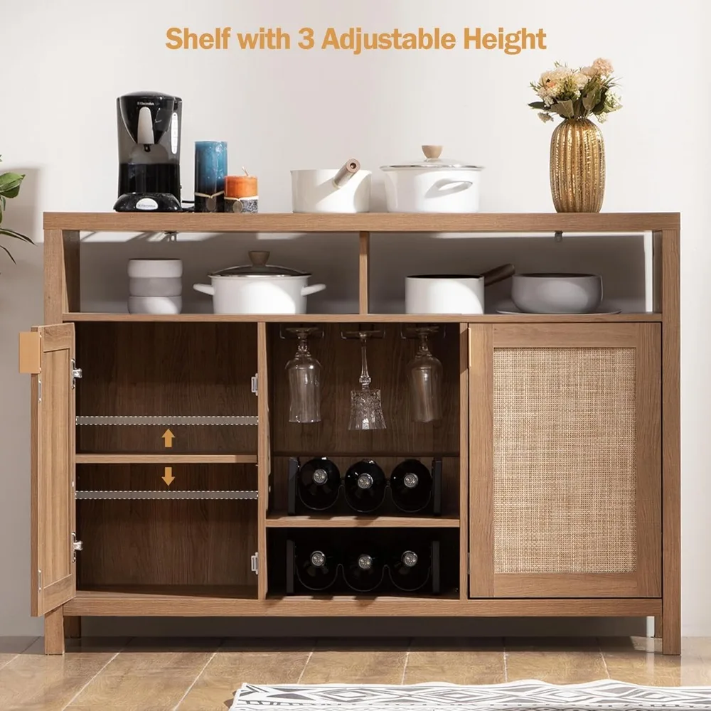 Coffee Bar Cabinet, 51" Rattan Sideboard Buffet Cabinet with Storage, Boho Farmhouse Liquor Cabinet with Wine Racks Credenza