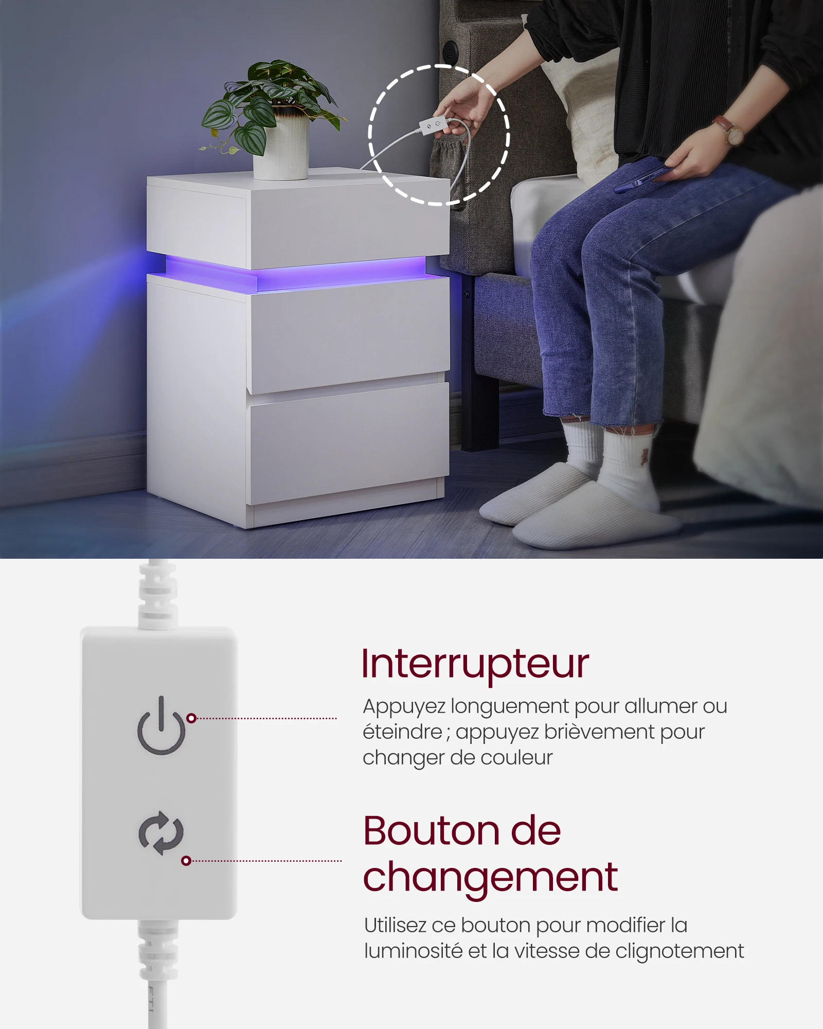 VASAGLE Table de Chevet, avec Bande LED Multicolore Réglable, 3 Tiroirs, Table d’Appoint de Style Moderne, 35 x 40 x 55 cm