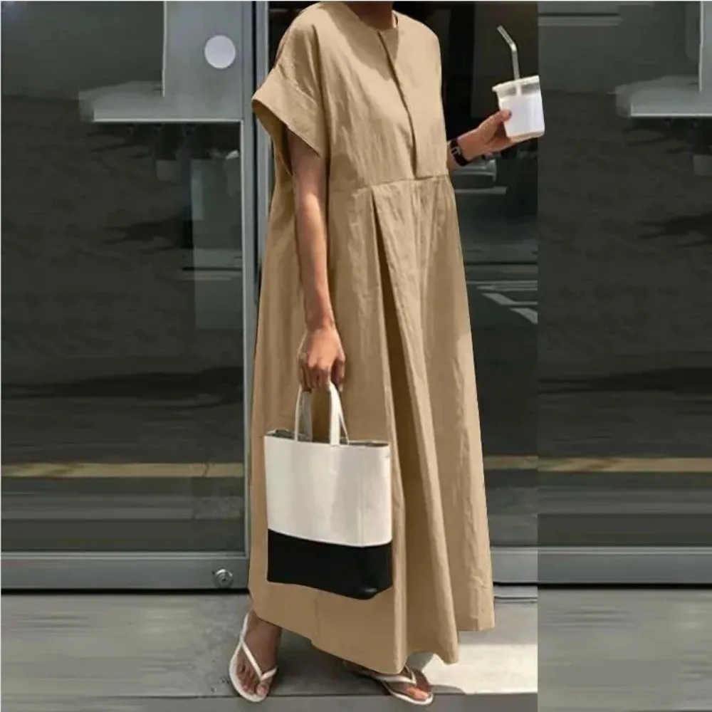 Grote maat dames L-5XL Plus maat losse katoenen jurk Ronde hals Effen kleur Lange jurk College-stijl Korte mouwen Los casual