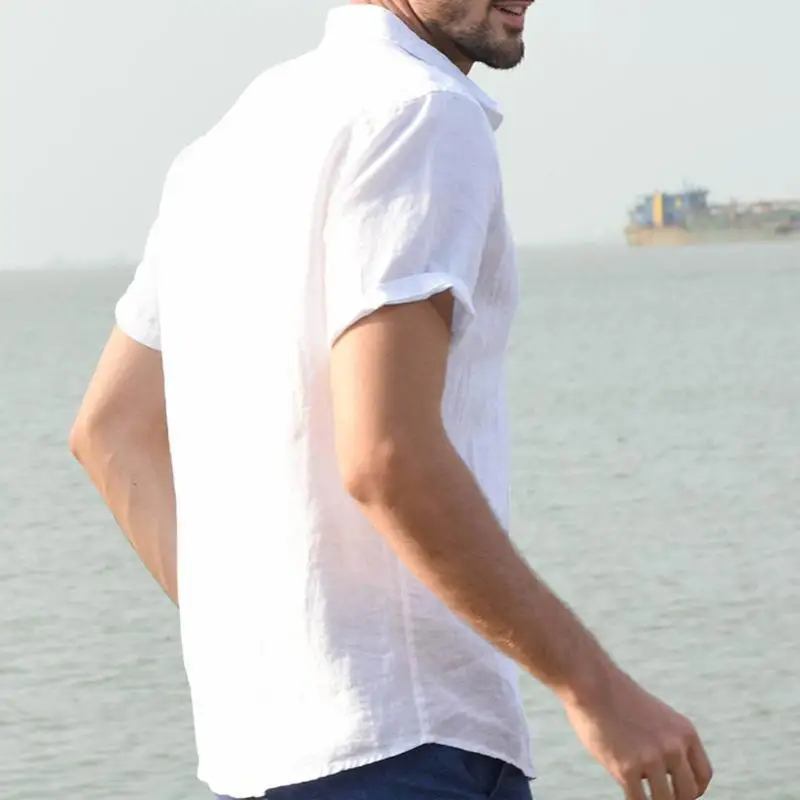 Camicie estive in cotone e lino per uomo Camicie casual a maniche corte Camicette Colletto rovesciato solido Camicie da spiaggia formali Abbigliamento maschile