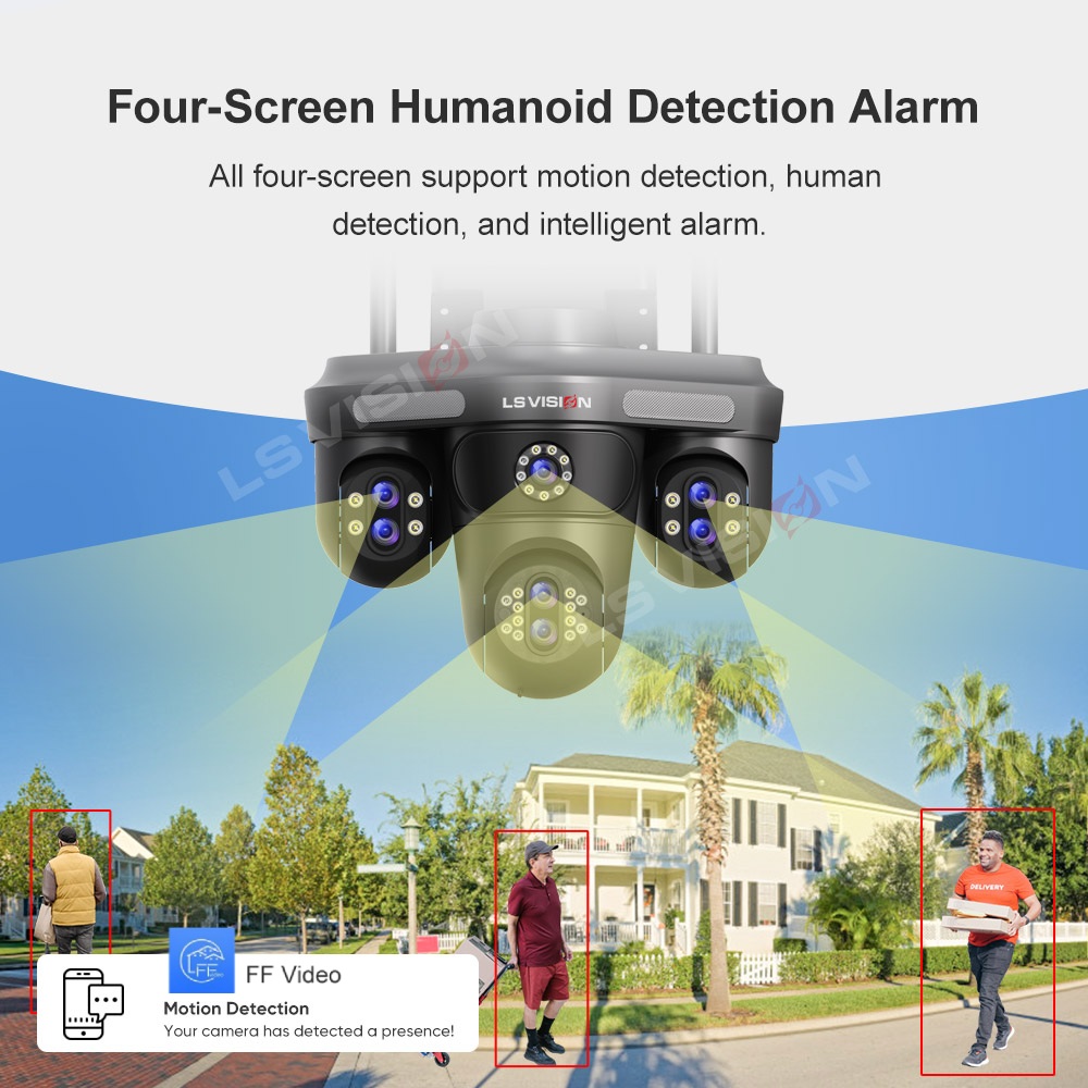 LS VISION 35MP 10X Zoom WiFi IP Camera 4 Screens 7 Lens Outdoor Wireless PTZ Security Cam Auto Tracking CCTV Surveillance Camera