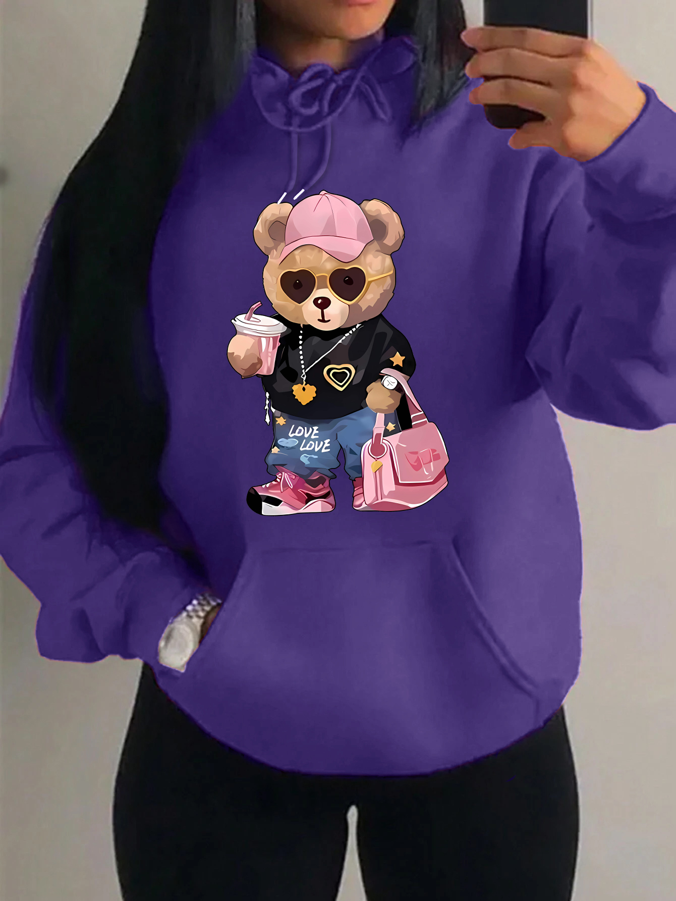 Sweat à capuche Cool Bear Smile pour femme, pulls de poche Harajuku, sweat à capuche drôle, motif réglable, design créatif, vêtements d'automne