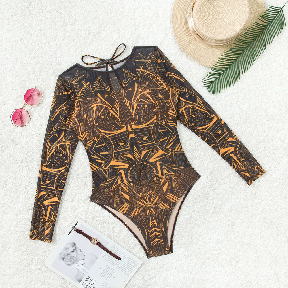 Damen-Badeanzug mit Retro-Print, U-Ausschnitt, gepolstert, langärmelig, einteilig, hoch geschnittene Badeanzüge, Badebekleidung, Body