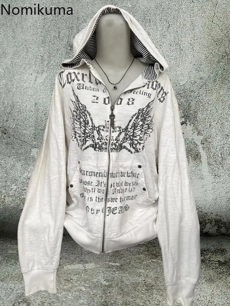 Sudaderas Vintage para Mujer, Túnica con estampado blanco, abrigo Y2k con capucha, ropa de calle, sudaderas informales de moda, Tops, Ropa para Mujer 2024