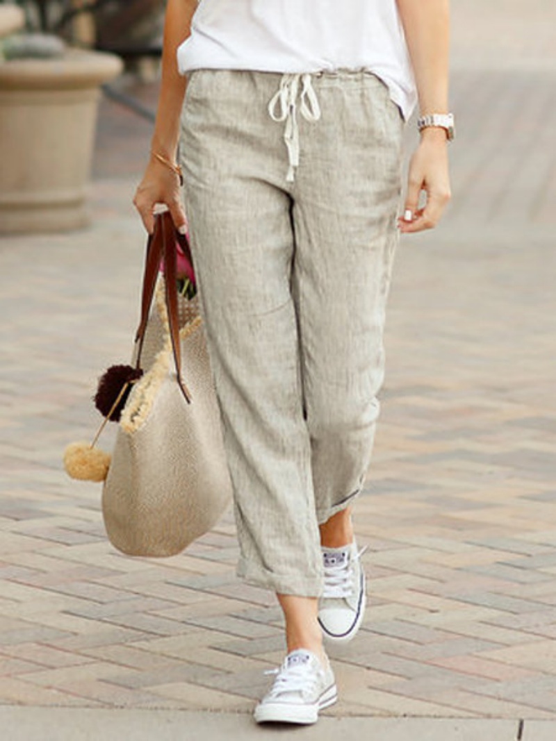 Pantalón elegante liso y sencillo para mujer, Pantalón recto recortado con cordón y cintura elástica, Pantalón informal de oficina para mujer