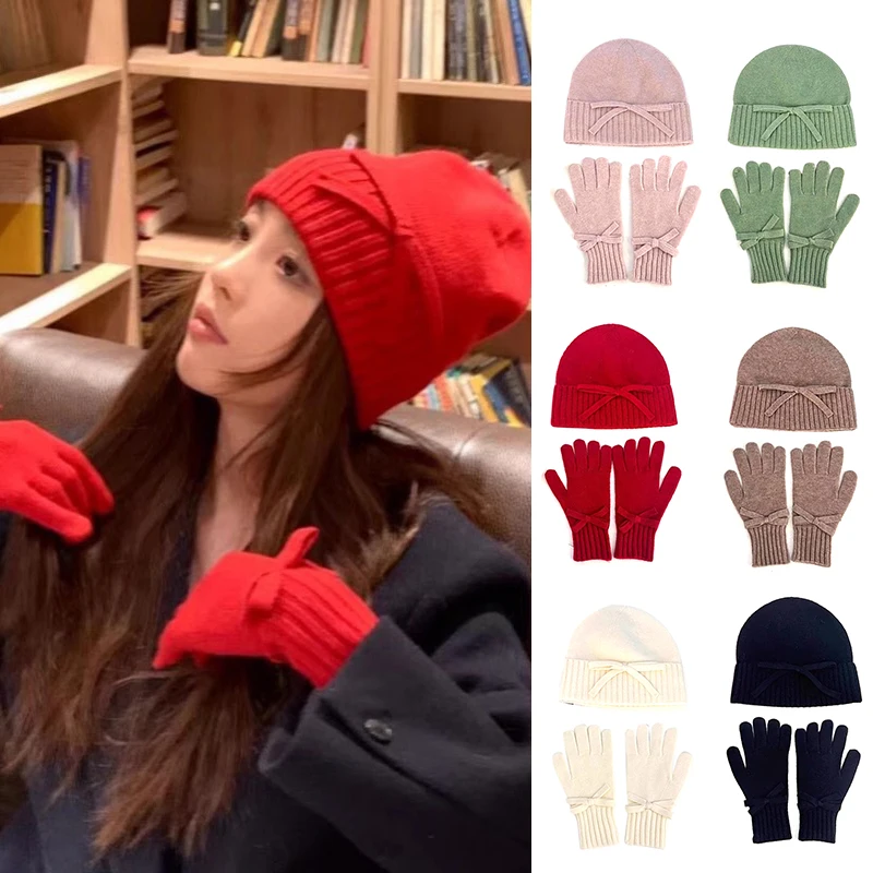 Bogen Gestrickte Hut Handschuh Sets für Frauen Winter Wolle Warme Bögen Mützen Bowknot Verdickte Hand Abdeckung Koreanische Solide Kalten Zwei-stück Anzug