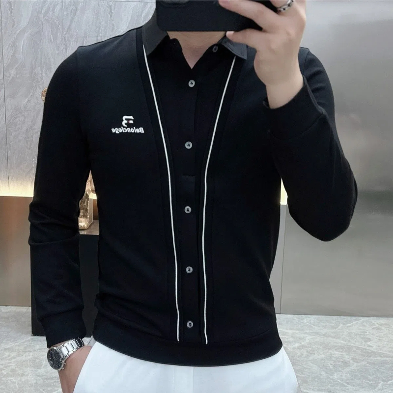 ビジネスカジュアル男性 Tシャツ春秋の新男性服偽二枚ストリートファッションオフィスソーシャル長袖トップス