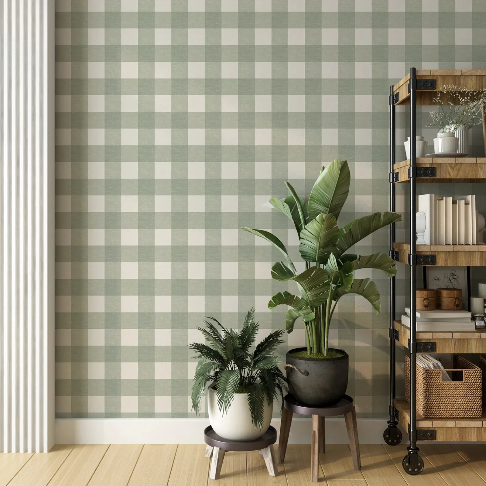 Gingham Checks วอลล์เปเปอร์ลายสก๊อต,Neutral สีเขียวขนาดใหญ่วอลล์เปเปอร์ที่ถอดออกได้สําหรับตกแต่งห้องนอน,Self-กาวสติ๊กเกอร์ติดผนังม้วน