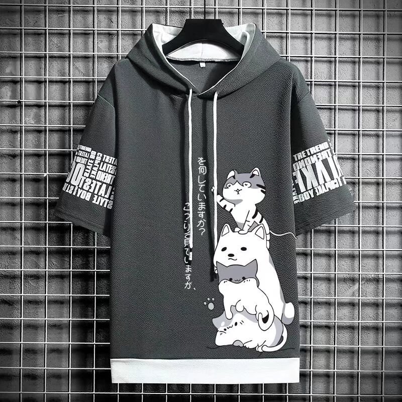 일본 패션 남성 후드 여름 남성 의류 만화 캐주얼 하라주쿠 streetwear 프린트 후드 탑 반소매 스웨트 남성