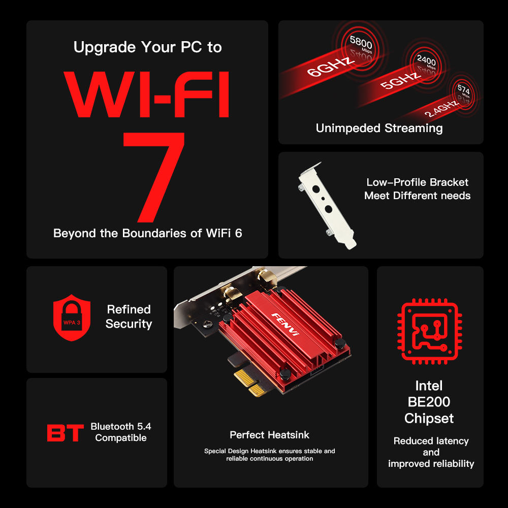 Fvi-adaptador WiFi 7 BE200 PCIE, para Bluetooth 5,4, tribanda 2,4G/5G/6GHz, 8774Mbps, BE200NGW, adaptador de red inalámbrico Win10/11