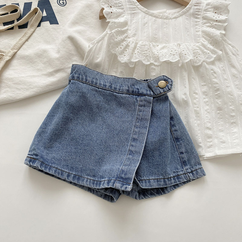 Korean Fashion Neue Sommer Kinder Mädchen Rock Shorts Feste Elastische Taille Taste Weiche Denim Culotte Kinder Vielseitige Kleidung