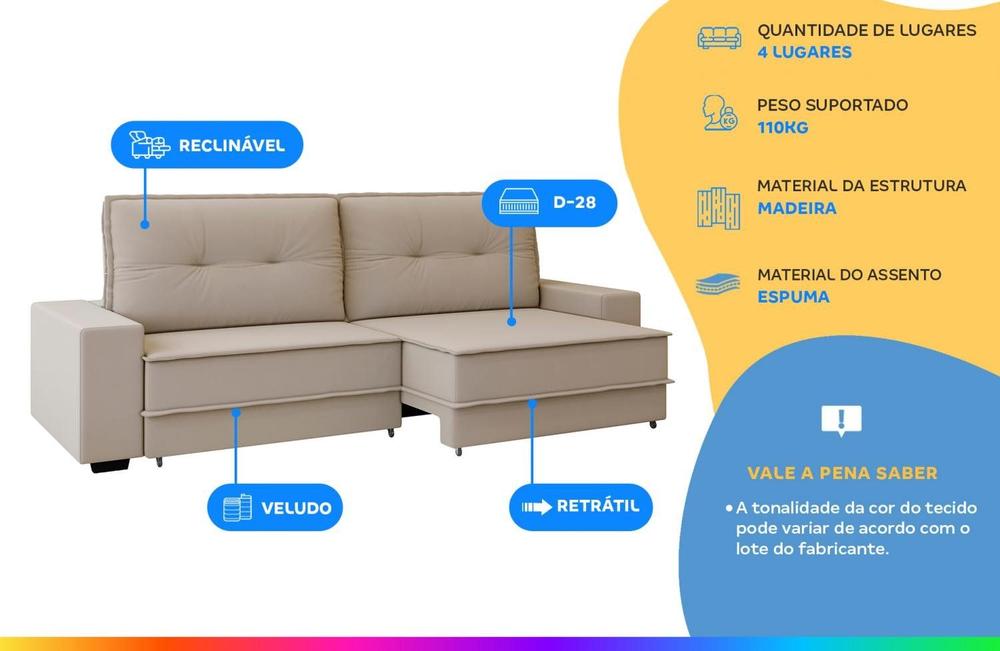 Sofá 4 Lugares Retrátil Reclinável Veludo Texas Besthouse