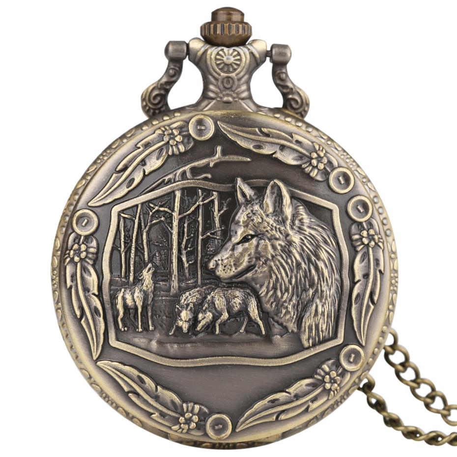 Relógio de bolso de quartzo com alívio de cabeça de animal de lobo de bronze vintage com pingente de corrente de colar ótimo presente para relógio infantil masculino