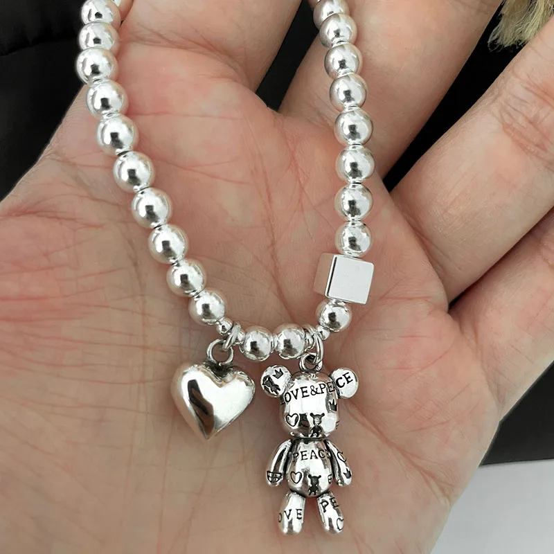 สร้อยข้อมือเงินแท้ 925 สําหรับผู้หญิง String ลูกปัดอุปกรณ์เสริม Trend Vintage น่ารักหมีจี้เครื่องประดับ
