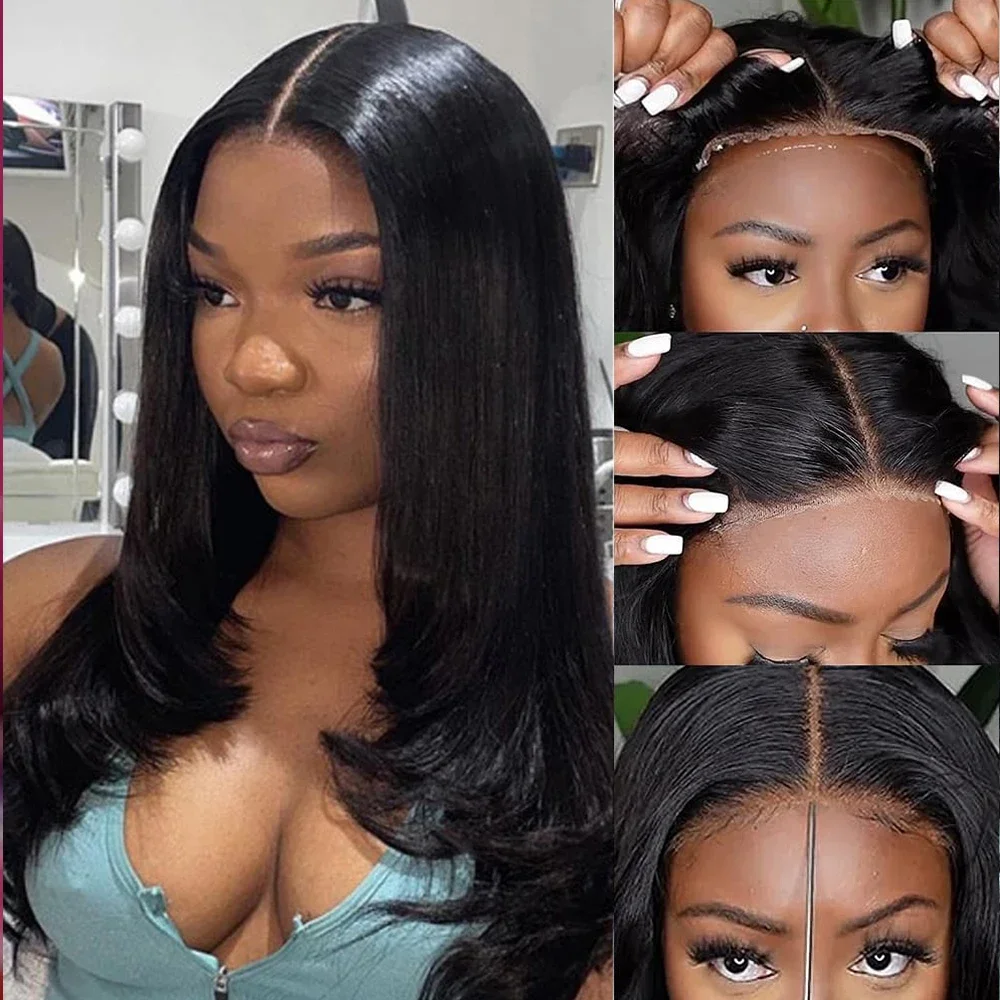 Corte em camadas em linha reta perucas de renda sem cola para preto feminino pré corte borboleta corte de cabelo em linha reta 4x4 hd fechamento do laço perucas sintéticas