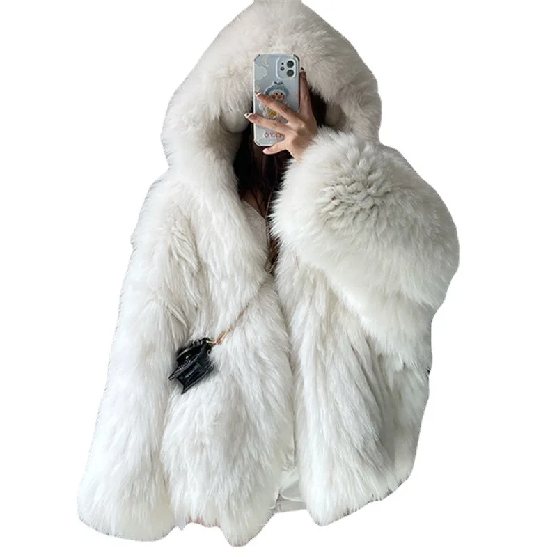 Faux Fur แจ็คเก็ตผู้หญิงฤดูใบไม้ร่วงฤดูหนาวสั้นค้างคาวแขนยาว Hooded Coats Slim Spliced หนาเสื้อหลวมเปิดเสื้อแจ็คเก็ต