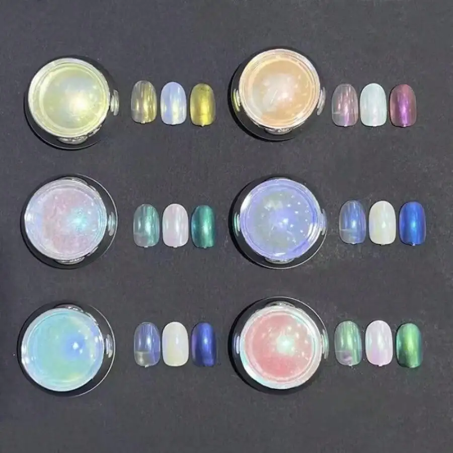 6 ชิ้น Shimmering Aurora Nail Powder - Multichrome Metallic Mirror Effect, Chameleon Gel Polish - Transforming Holographic