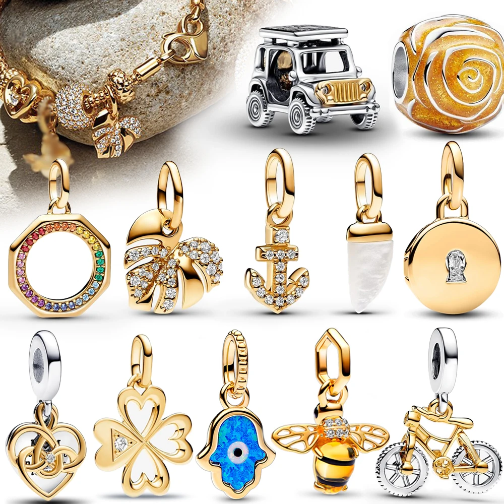 Charme de folha monstera de ouro brilhante, pulseira original de prata esterlina 925, mini pingente de dente de tubarão para meninas, joias de festa