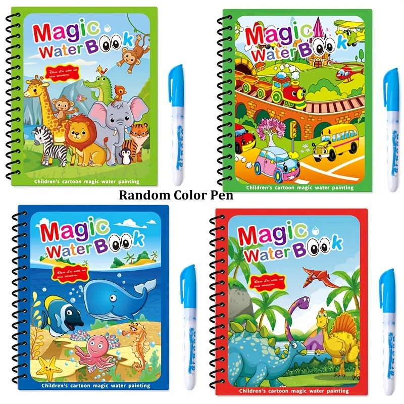 Paquete de 1/4 de libros mágicos para colorear con agua con bolígrafo, almohadillas de dibujo reutilizables para revelar agua, libros educativos de grafiti con pintura al agua