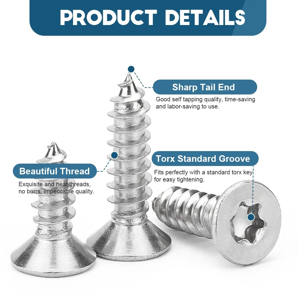 5-50pcs M2 M2.6 M3 M4 M5 M6 Six Lobe Torx Flat Countersunk Head Self Tapping Screw 304 Stainless Steel Tapping Wood Screws