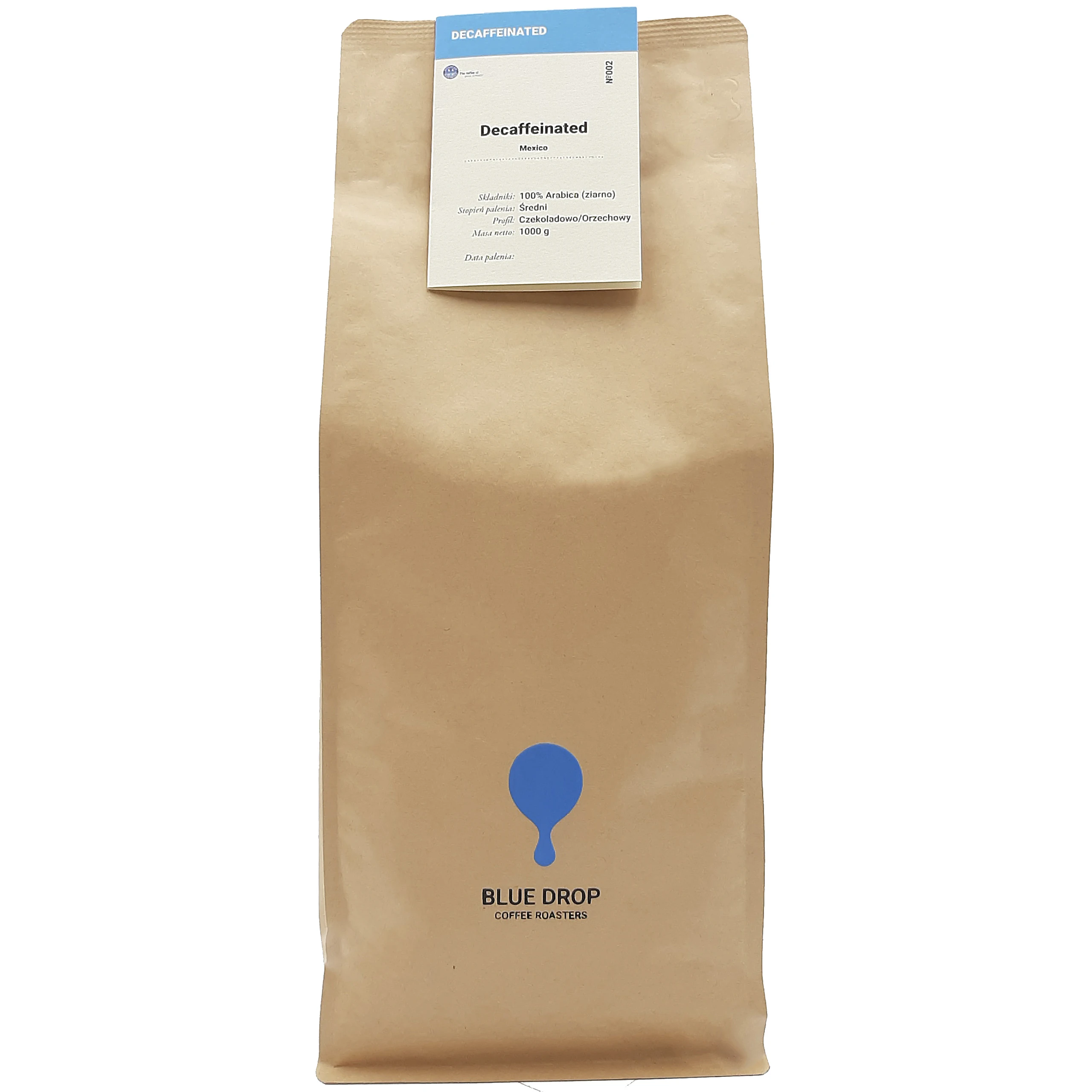 Kawa ziarnista Blue Drop 1kg BEZKOFEINOWA Świeżo Palona
