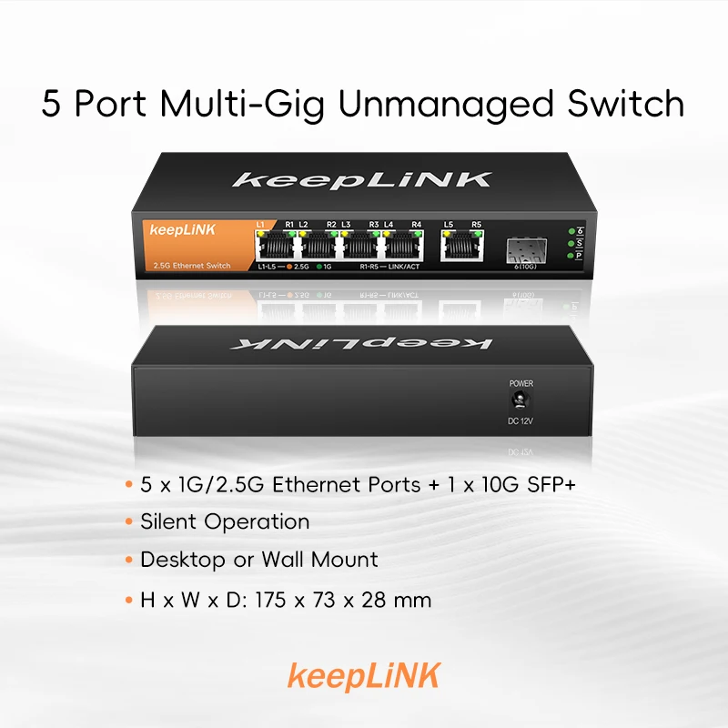 KeepLiNK 6-Port Multi-Gigabit Switch with 5-2.5Gbps Ethernet Ports and 1-10Gbps SFP+ Uplink