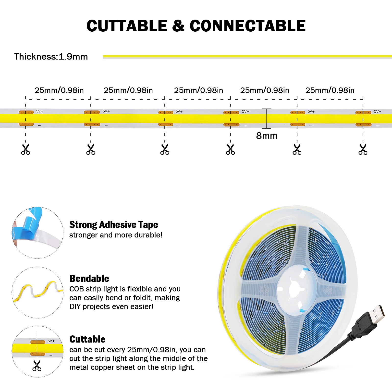 DC5V USB COB Led ストリップライト白/ピンク/赤/黄/アイスブルー/グリーン 8 ミリメートル 320LEDs/M 柔軟なナイトライト家の装飾テレビのバックライト