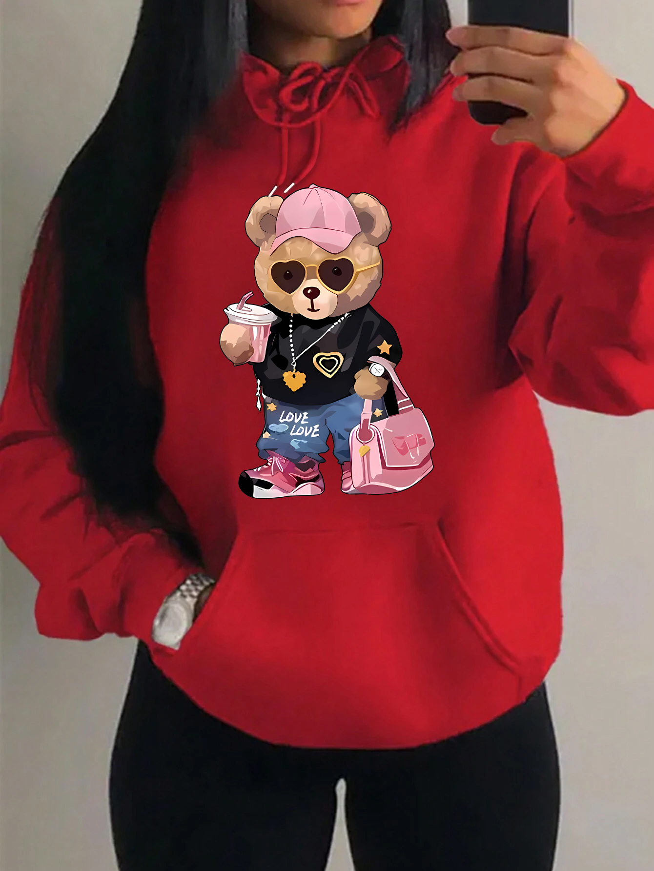 Sweat à capuche Cool Bear Smile pour femme, pulls de poche Harajuku, sweat à capuche drôle, motif réglable, design créatif, vêtements d'automne