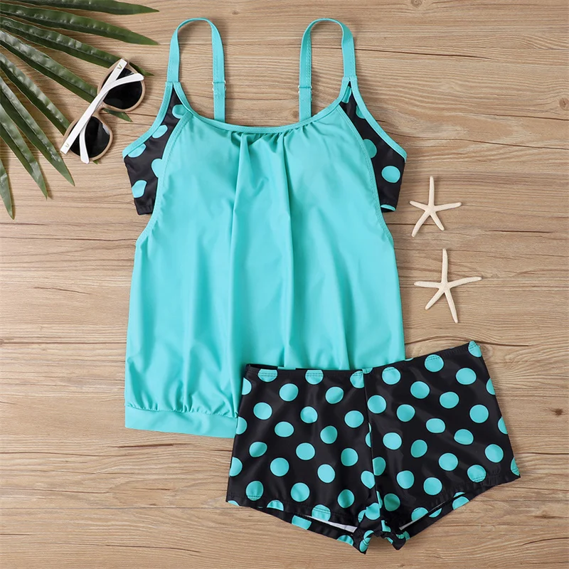 2 Piece Women's Plus Size Colorblock Polka Dot Print Swimsuit Set Round Neck Boxer Short Bottom Swimwear Comfortable Bathing Sui