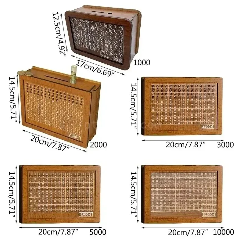 Tirelire en bois 1000/2000/3000/5000 euros avec tirelire réutilisable avec but d'épargne et boîtes à numéros