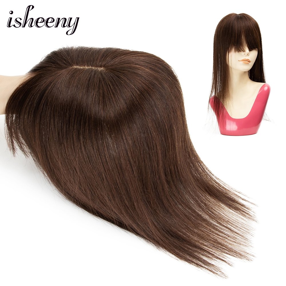 Isheeny 8" 10" 12" 14" 18" Mittelteil Echthaarteile Braune Farbe Damen Topper mit Pony 13x13cm Basis 100 % Echthaar