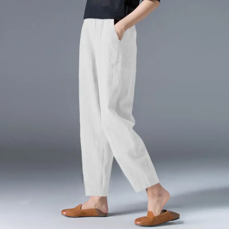 ผ้าฝ้ายกางเกงขากว้างหญิงหลวมขนาดใหญ่สีทึบ Harem ฤดูร้อน Casual Elastic เอวข้อเท้าความยาวกางเกงเสื้อผ้าผู้หญิง