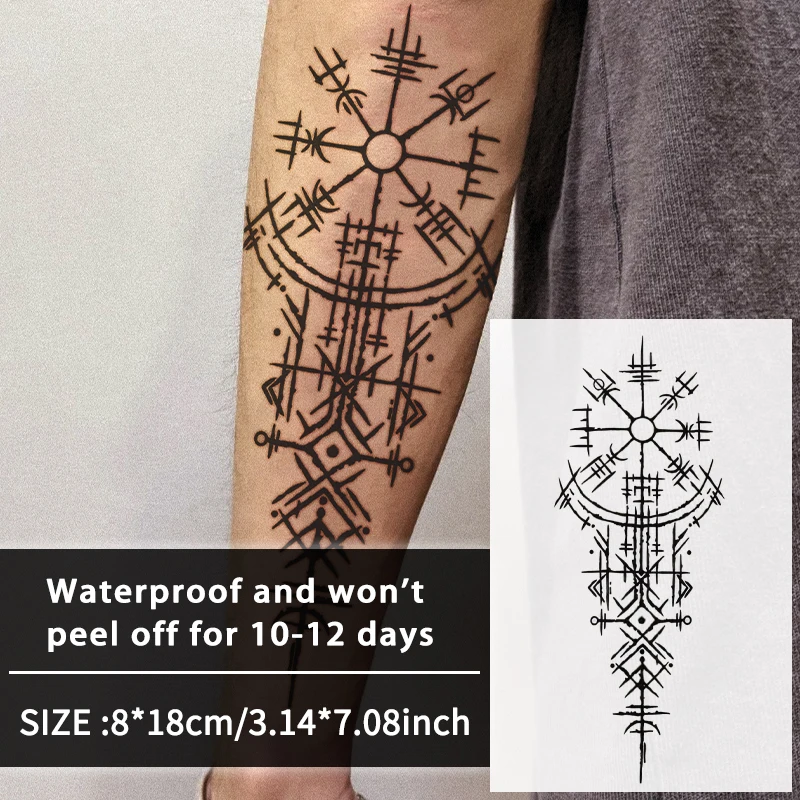 1 Stück Wikinger-Runen-geometrische wasserdichte temporäre Tattoo-Aufkleber, langlebig, wasserdicht für ein bis zwei Wochen, für Arm, Bein.