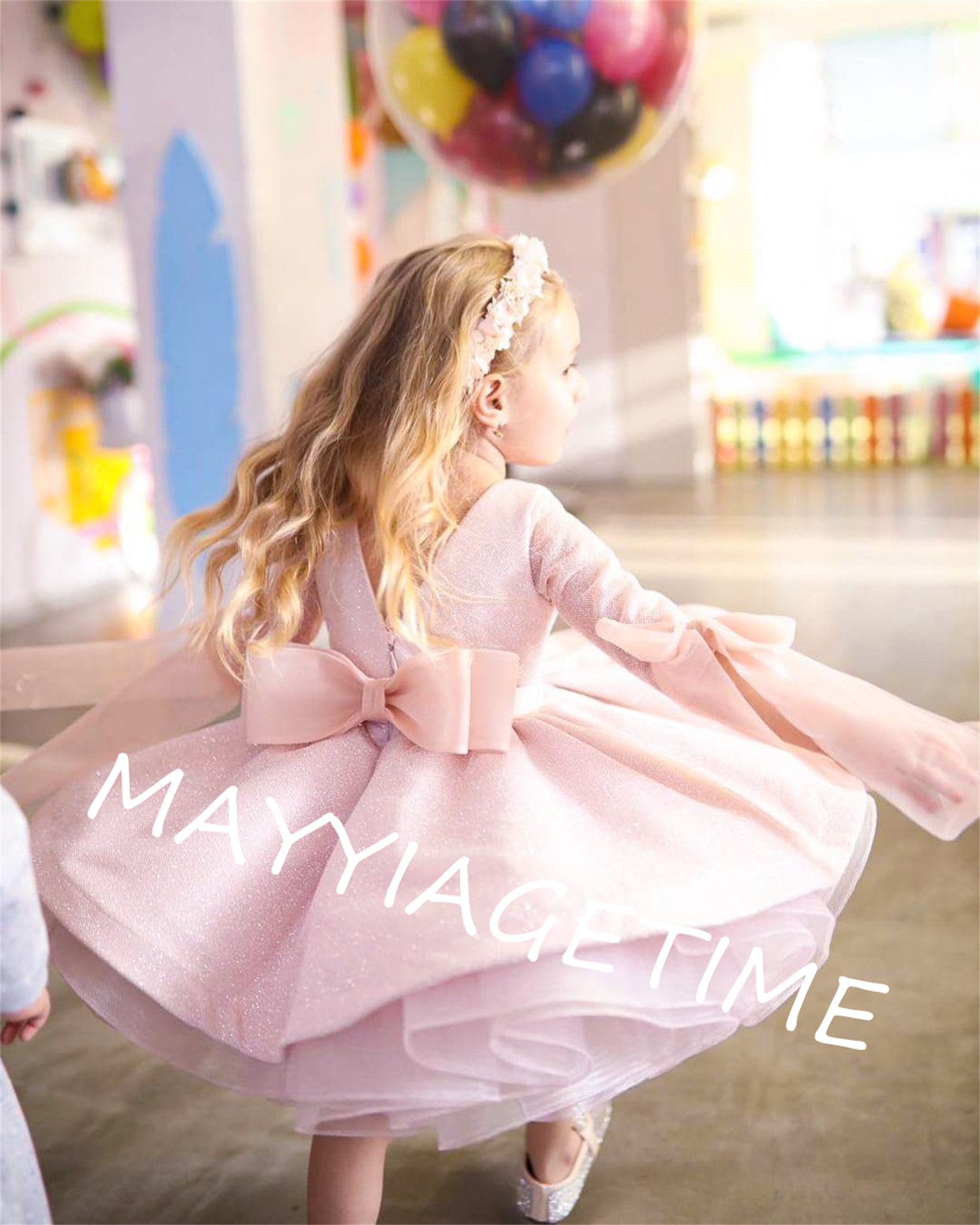 ดอกไม้สีชมพูสาวชุด Glitter Sparkly ลูกปัด Bow Evening Party Fluffy Ball Gown First Communion เด็ก